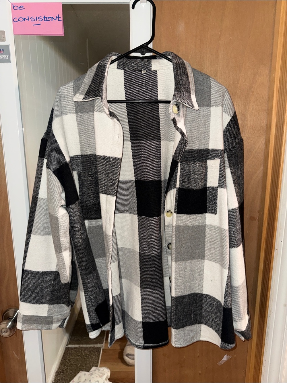 Classic Black & White Plaid Button-Down Shirt Jacket
